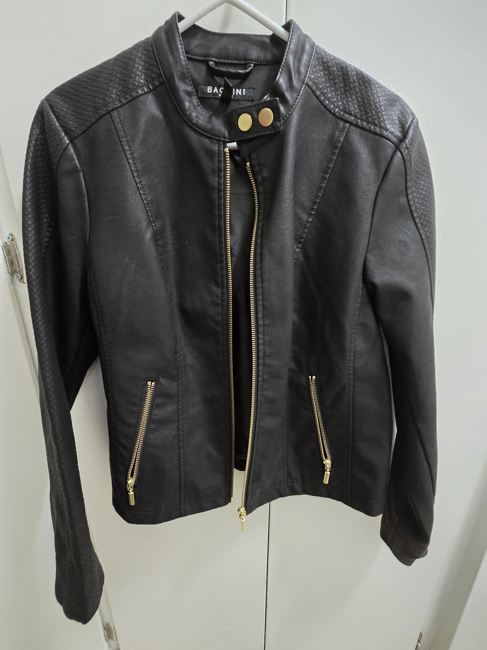 Baccini Black Faux Leather Jacket with Gold Hardware